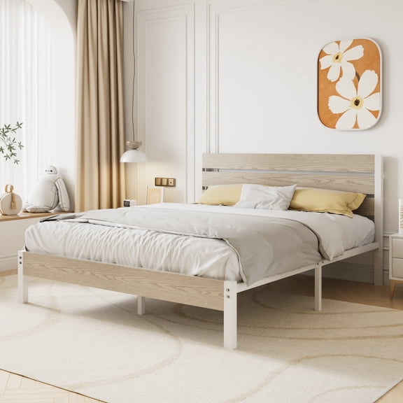 VECELO Full Size Platform Bed Frame, Metal Bed Frame with Wooden Headboard, Heavy Duty Slats Support, No Box Spring Needed, Under-Bed Storage, Natural Wood