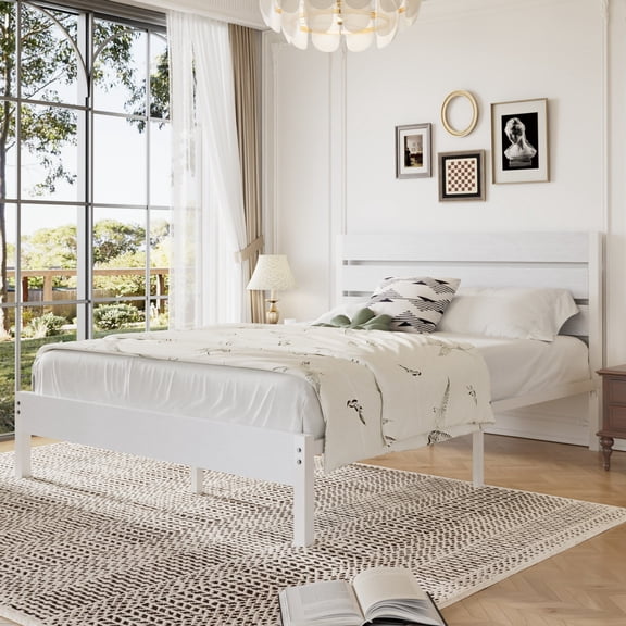 VECELO Full Size Platform Bed Frame, Metal Bed Frame with Wooden Headboard, Heavy Duty Slats Support, No Box Spring Needed, Under-Bed Storage, White