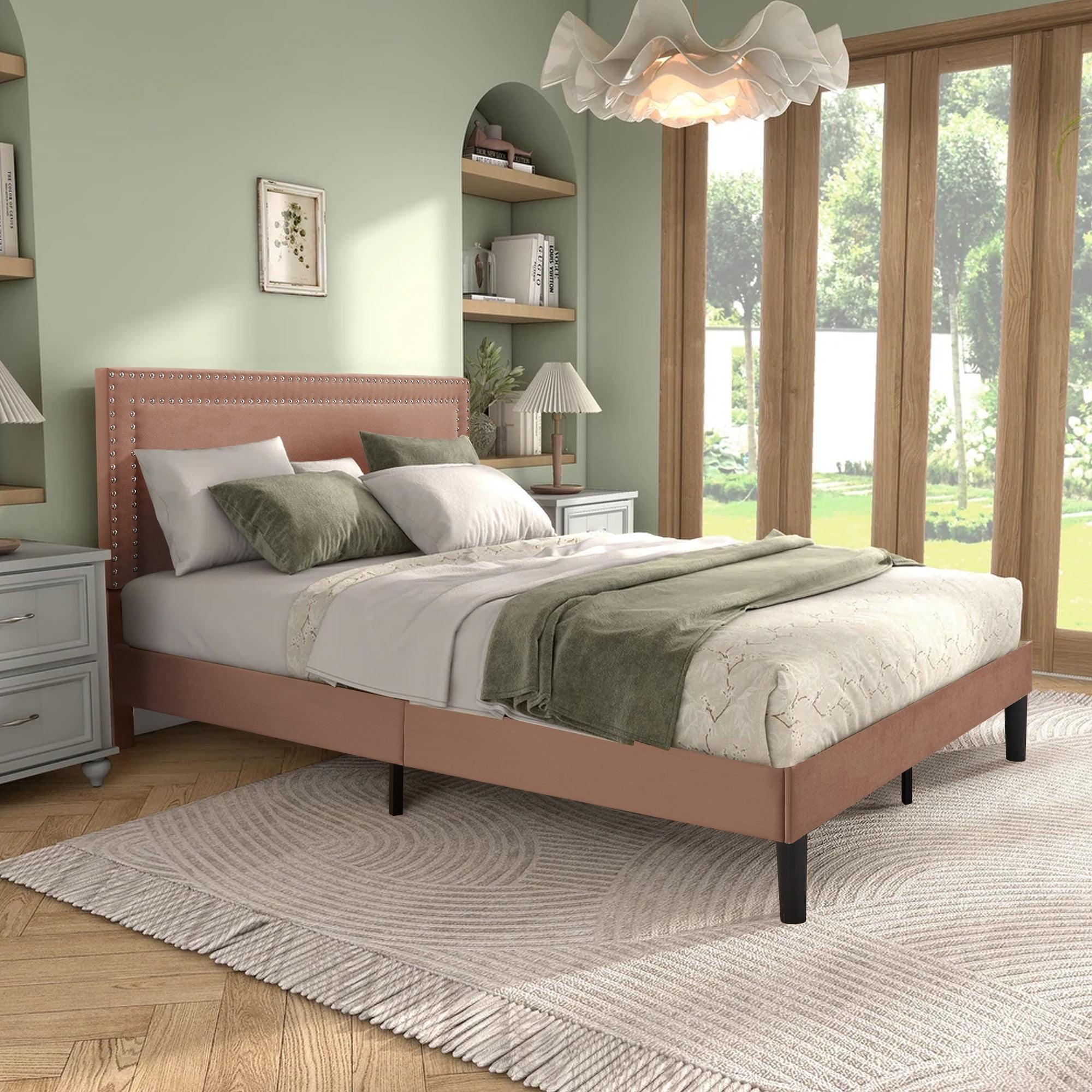 VECELO Full Size Platform Bed Frame, Modern Upholstered Bed Frame with Adjustable Height & Nailhead Trim Headboard, No Box Spring Needed, Easy Assembly, Coffee
