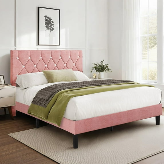 VECELO Full Size Platform Bed Frame, Modern Upholstered Bed Frame with Diamond Tufted Headboard, No Box Spring Needed, Easy Assembly, Pink