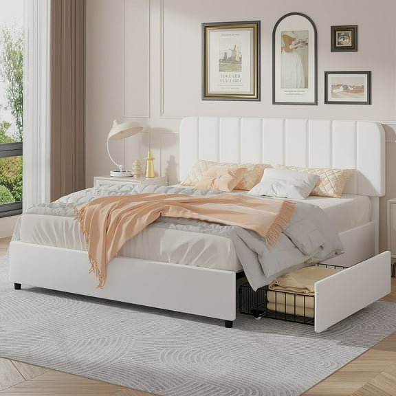 VECELO Full Size Bed Frame with 4 Storage Drawers, Modern Upholstered Platform Bed Frame with Adjustable Headboard, No Box Spring Needed, White