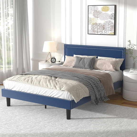 VECELO Full Size Platform Bed Frame with Adjustable Height Upholstered Headboard, Strong Wood Slat Support, No Box Spring Needed, Dark Blue
