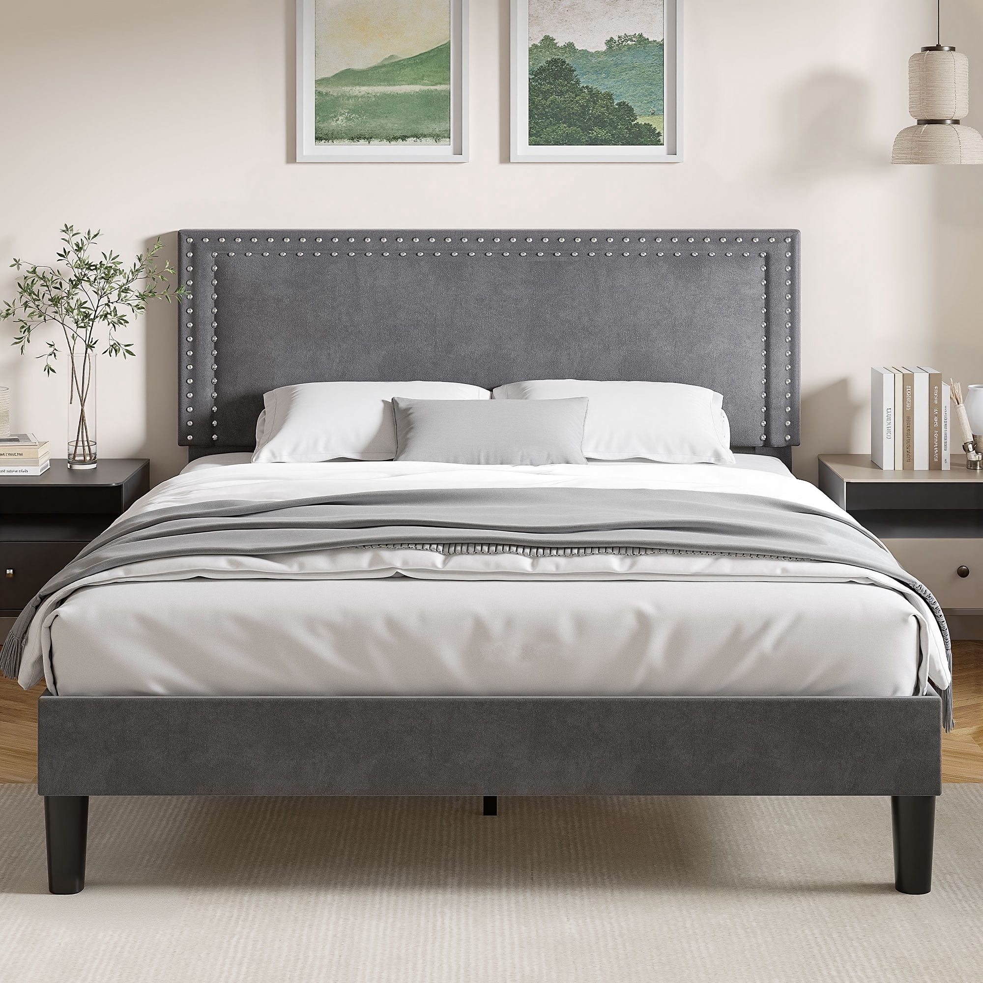 VECELO Full Size Platform Bed Frame with Adjustable Height Upholstered Headboard, Strong Wood Slat Support, No Box Spring Needed, Dark Gray