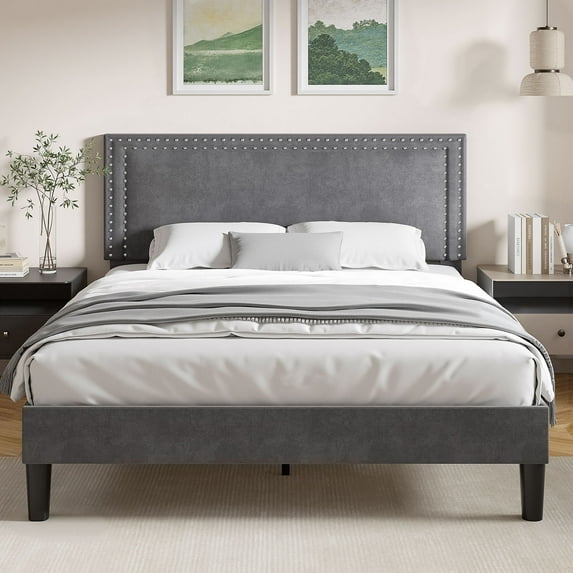 VECELO Full Size Platform Bed Frame with Adjustable Height Upholstered Headboard, Strong Wood Slat Support, No Box Spring Needed, Dark Gray