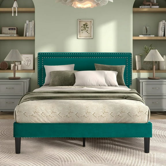 VECELO Full Size Platform Bed Frame with Adjustable Height Upholstered Headboard, Strong Wood Slat Support, No Box Spring Needed, Dark Green