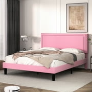 VECELO Full Size Platform Bed Frame with Adjustable Height Upholstered Headboard, Strong Wood Slat Support, No Box Spring Needed, Pink