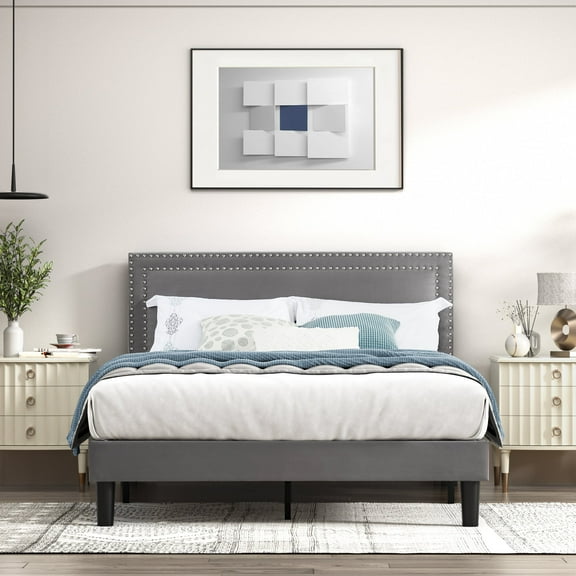 VECELO Full Size Platform Bed Frame with Adjustable Upholstered Headboard, Strong Wood Slat Support, No Box Spring Needed, Easy Assembly