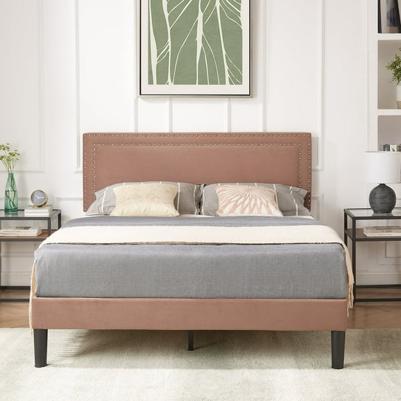 VECELO Full Size Platform Bed Frame with Adjustable Upholstered Headboard, Strong Wood Slat Support, No Box Spring Needed, Easy Assembly