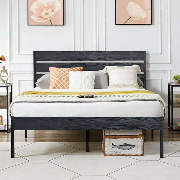 VECELO Full Size Platform Bed Frame with Wooden Headboard, Rustic Country Style Mattress Foundation, No Box Spring Needed, Black