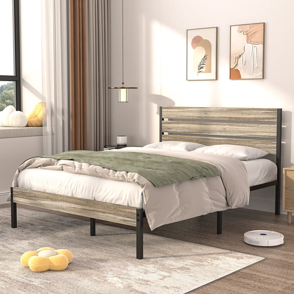 VECELO Full Size Platform Bed Frame with Wooden Headboard, Rustic Country Style Mattress Foundation, No Box Spring Needed, Slate