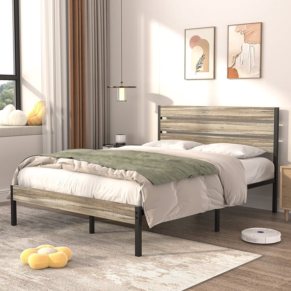 VECELO Full Size Platform Bed Frame with Wooden Headboard, Rustic Country Style Mattress Foundation, No Box Spring Needed, Slate