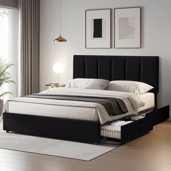 VECELO Full Size Storage Bed Frame with 4 Drawers, Upholstered Platform Bed Frame with Adjustable Headboard, Wood Slat Support/Easy Assembly, Black