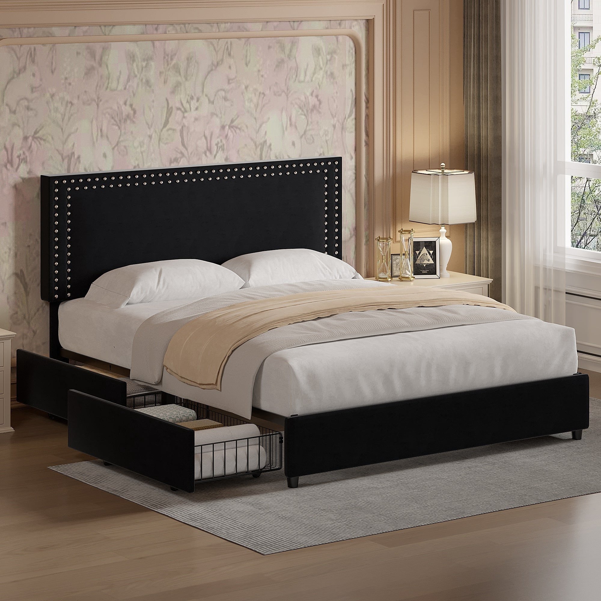 VECELO Full Size Bed with 4 Storage Drawers Upholstered Platform Bed ...