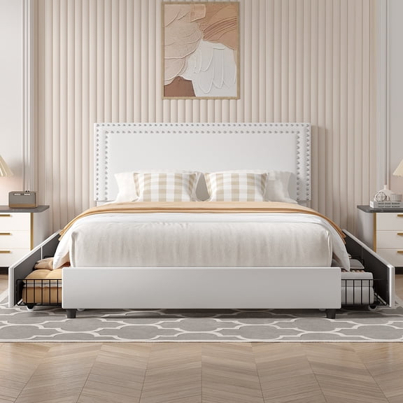 VECELO Full Size Storage Bed with 4 Drawers, Upholstered Platform Bed Frame with Adjustable Headboard, No Box Spring Needed, White