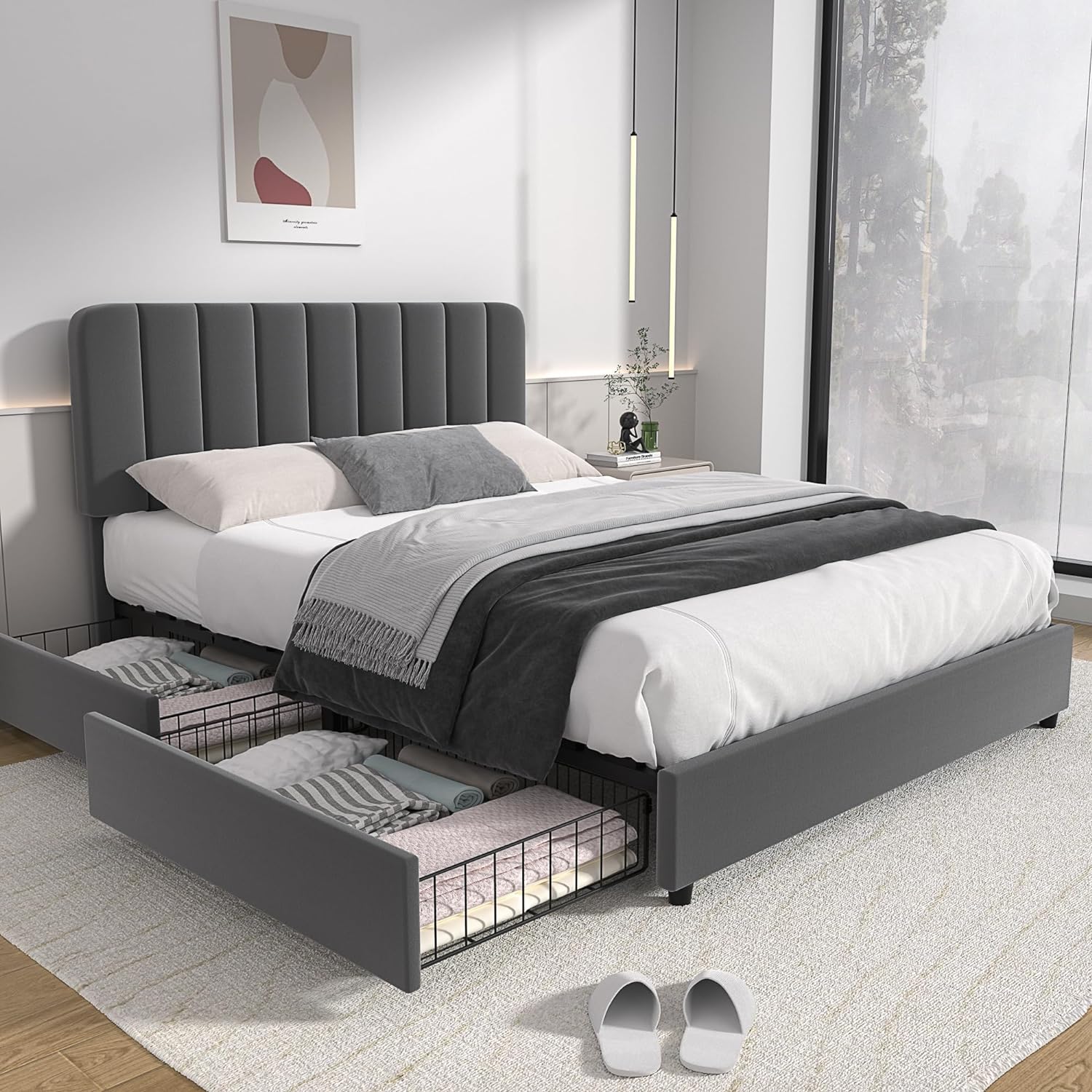 VECELO Full Size Upholstered Bed Frame with 4 Drawers and Headboard ...