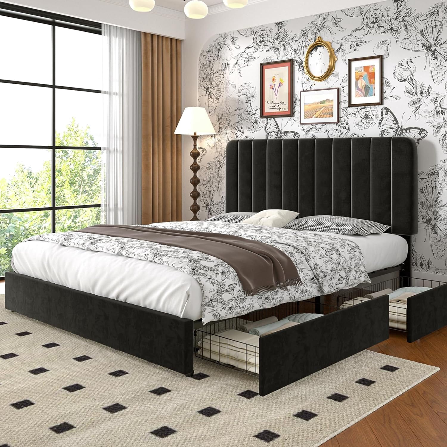 VECELO Full Size Upholstered Bed Frame with 4 Drawers and Headboard ...