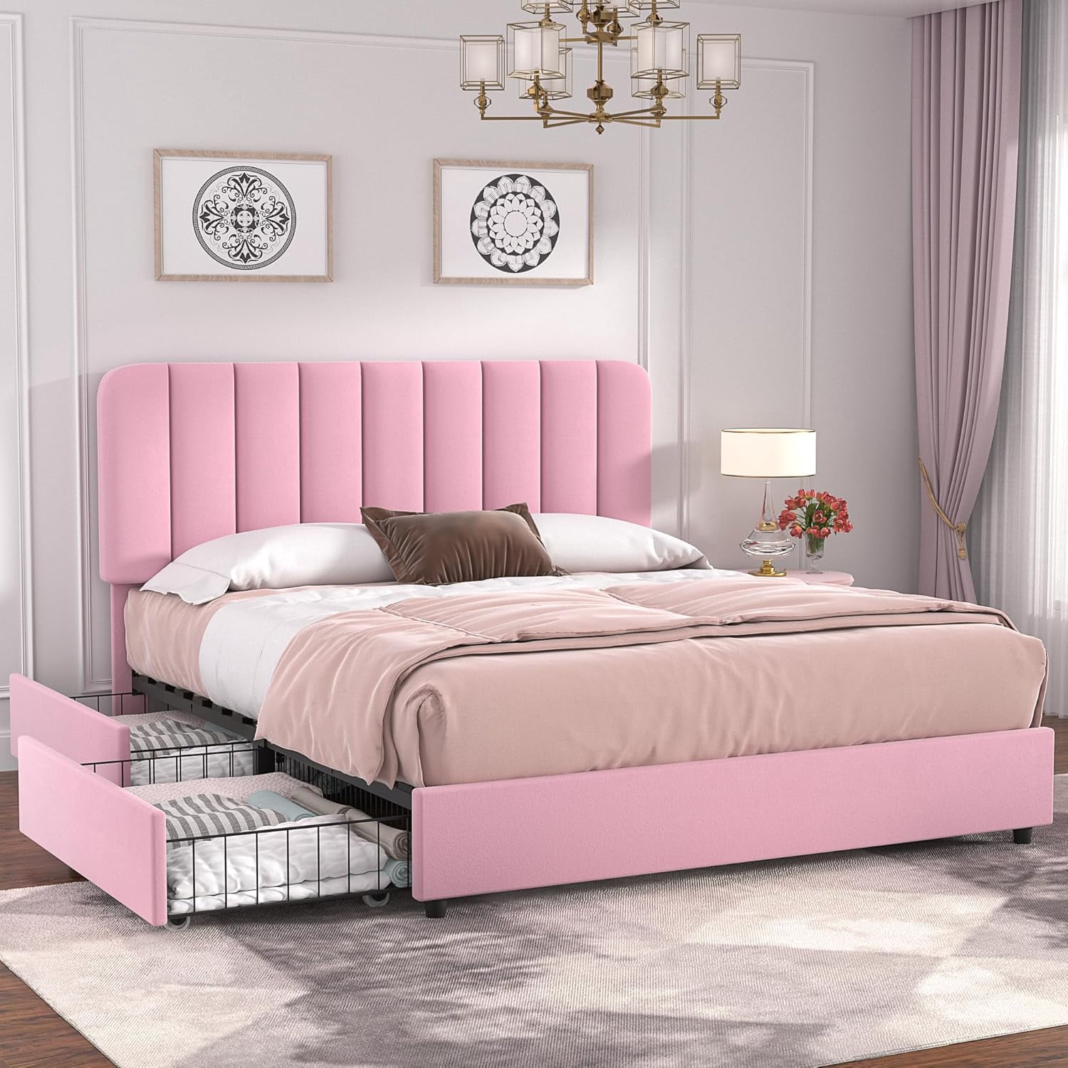 VECELO Full Size Upholstered Bed Frame with 4 Drawers and Headboard ...