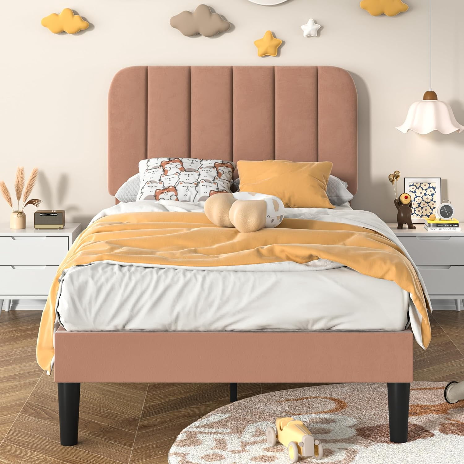 VECELO Full Size Upholstered Bed Frame with 4 Drawers and Headboard ...