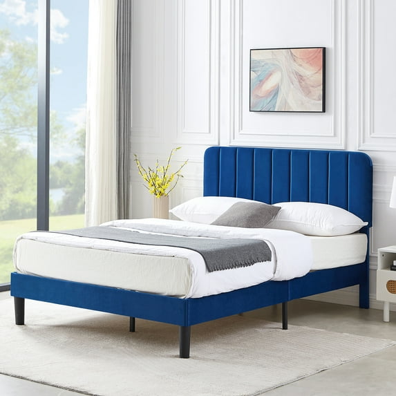 VECELO Full Size Upholstered Beds, Modern Platform Bed Frame with Adjustable Headboard, Wooden Slats Support/No Box Spring Needed, Dark Blue