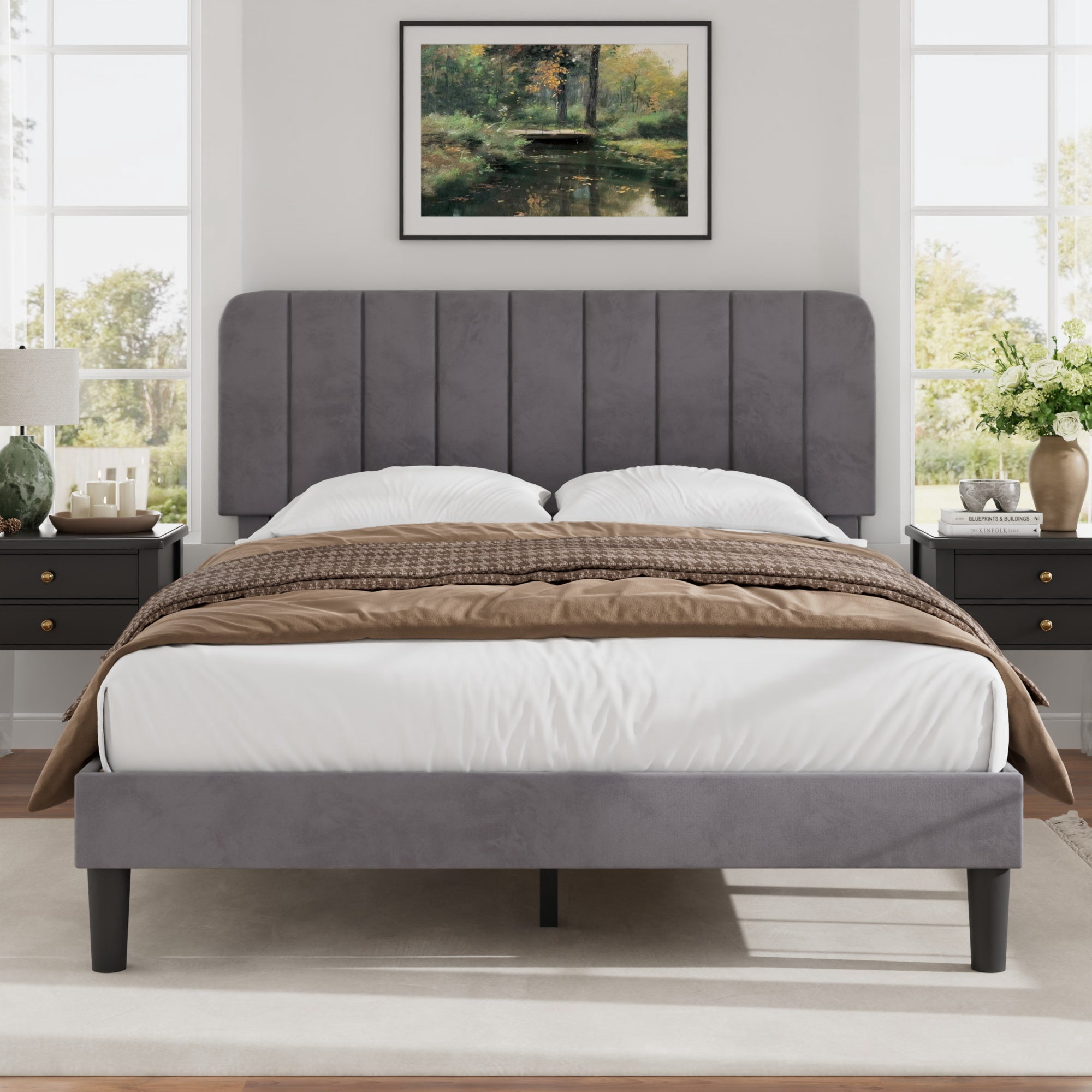 VECELO Full Size Upholstered Beds, Modern Platform Bed Frame with Adjustable Headboard, Wooden Slats Support/No Box Spring Needed, Dark Gray