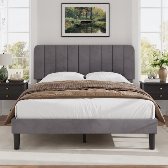 VECELO Full Size Upholstered Beds, Modern Platform Bed Frame with Adjustable Headboard, Wooden Slats Support/No Box Spring Needed, Dark Gray