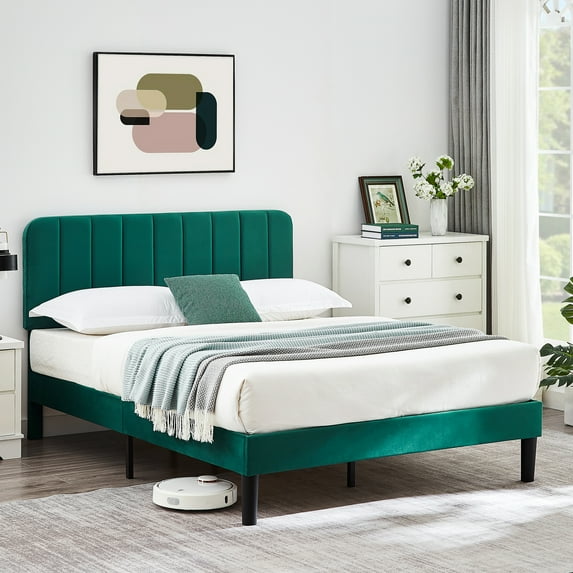 VECELO Full Size Upholstered Beds, Modern Platform Bed Frame with Adjustable Headboard, Wooden Slats Support/No Box Spring Needed, Dark Green