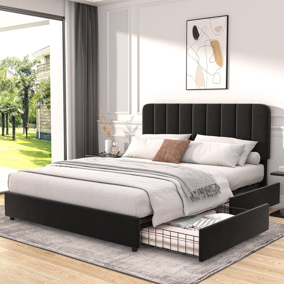 VECELO Full Size Bed Frame with 4 Storage Drawers, Modern Upholstered Platform Bed Frame with Adjustable Headboard, No Box Spring Needed, Black
