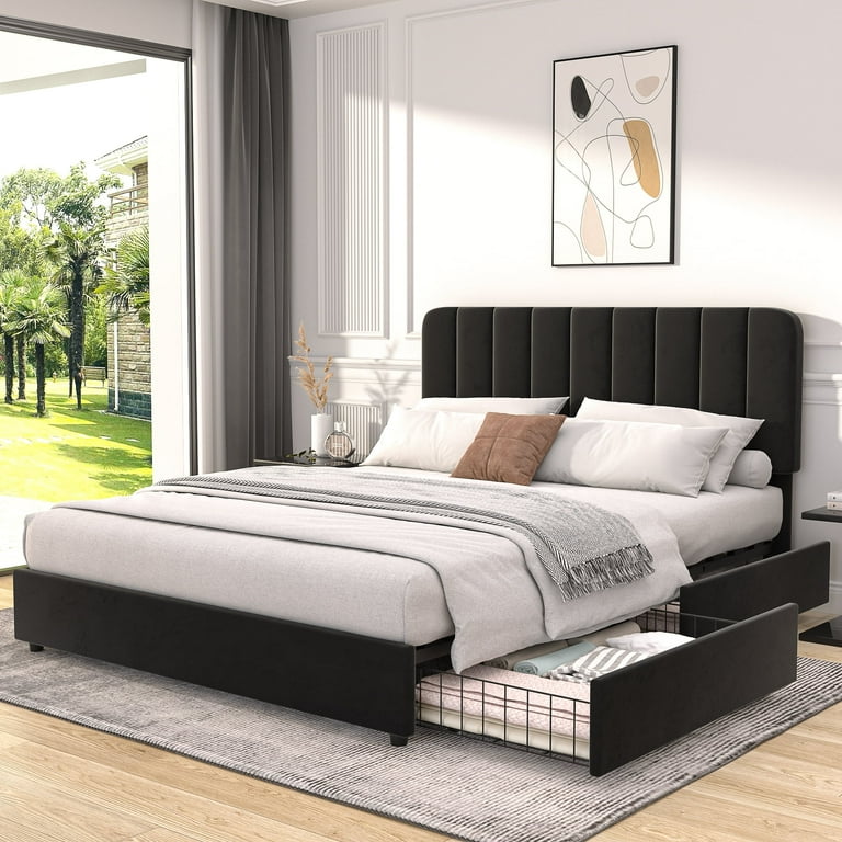 VECELO Full Size Bed Frame with 4 Storage Drawers Modern Upholstered Platform Bed Frame with Adjustable Headboard No Box Spring Needed Black Size