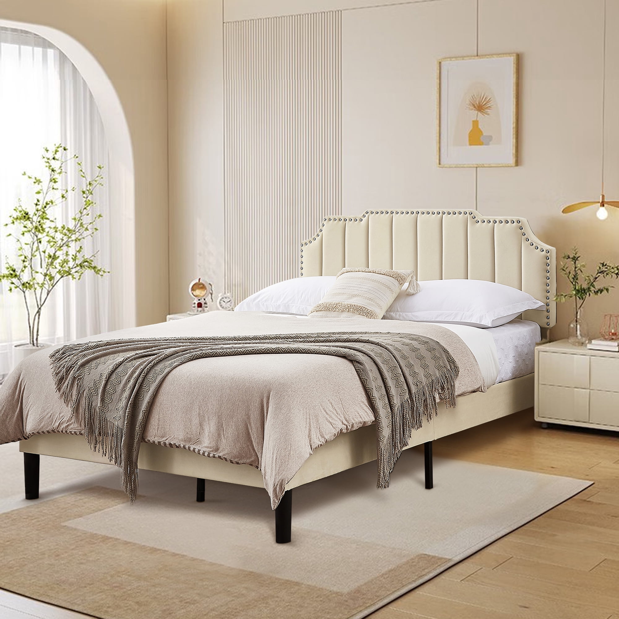 VECELO Full Size Upholstered Platform Bed Frame, Adjustable Headboard ...