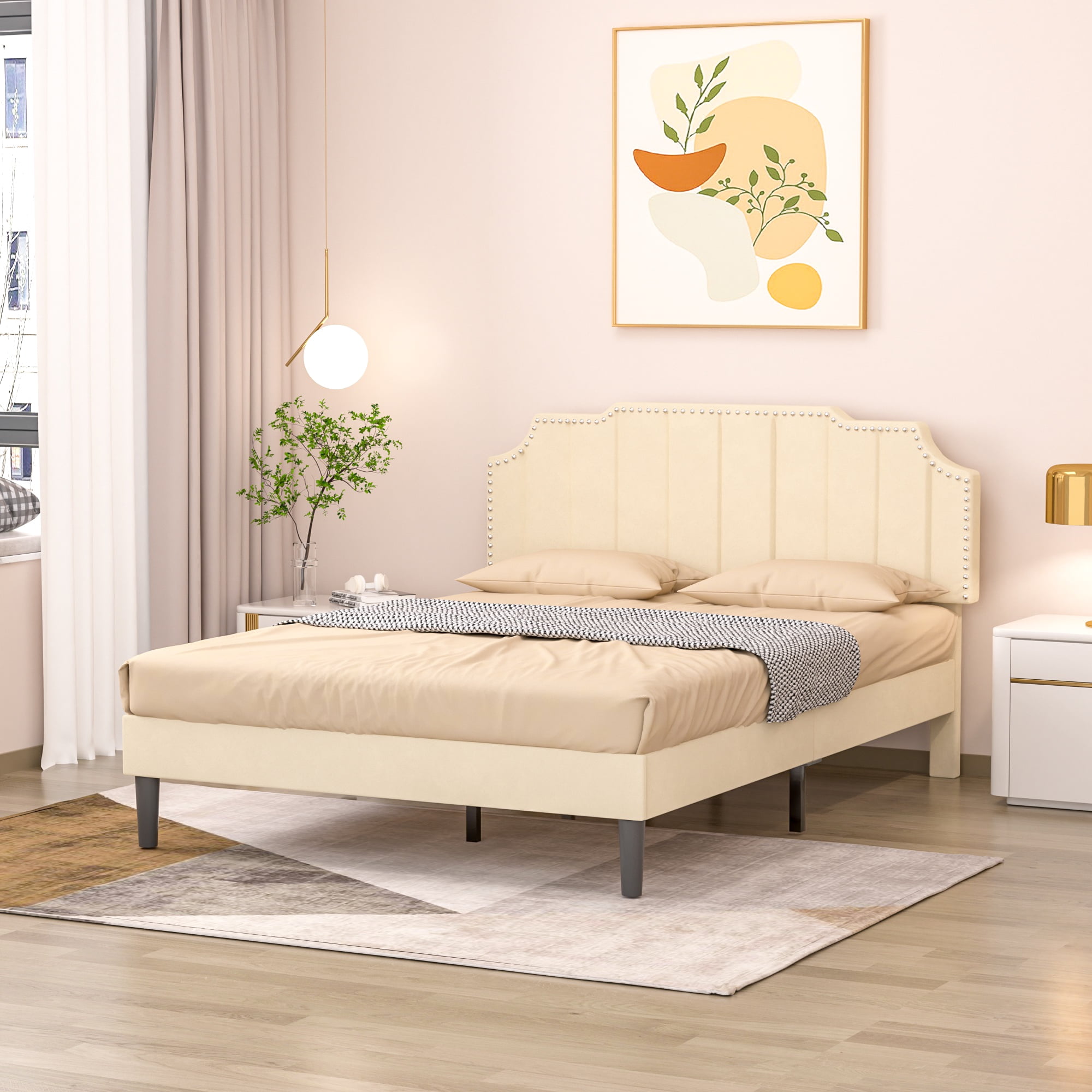 VECELO Full Size Upholstered Platform Bed Frame, Adjustable Headboard ...