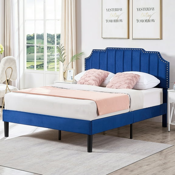VECELO Full Upholstered Platform Bed Frame, Height Adjustable Nailhead Trim Headboard, Easy Assembly/No Box Spring Required, Dark Blue
