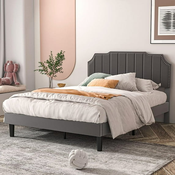 VECELO Full Upholstered Platform Bed Frame, Height Adjustable Nailhead Trim Headboard, Easy Assembly/No Box Spring Required, Dark Gray