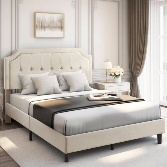 VECELO Full Upholstered Platform Bed Frame with Height Adjustable Tufted Button Headboard, Strong Wood Slat Support, Full, No Box Spring Needed, Beige