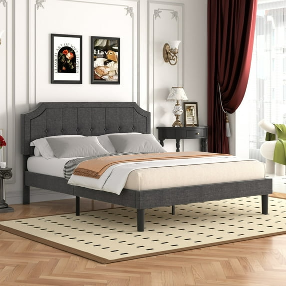 VECELO Full Upholstered Platform Bed Frame with Height Adjustable Headboard, Tufted Button Bed, No Box Spring Needed, Dark Gray