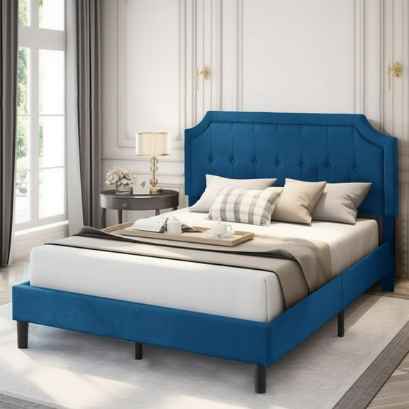 VECELO Full Upholstered Platform Bed Frame with Height Adjustable Tufted Button Headboard, Strong Wood Slat Support, No Box Spring Needed, Blue