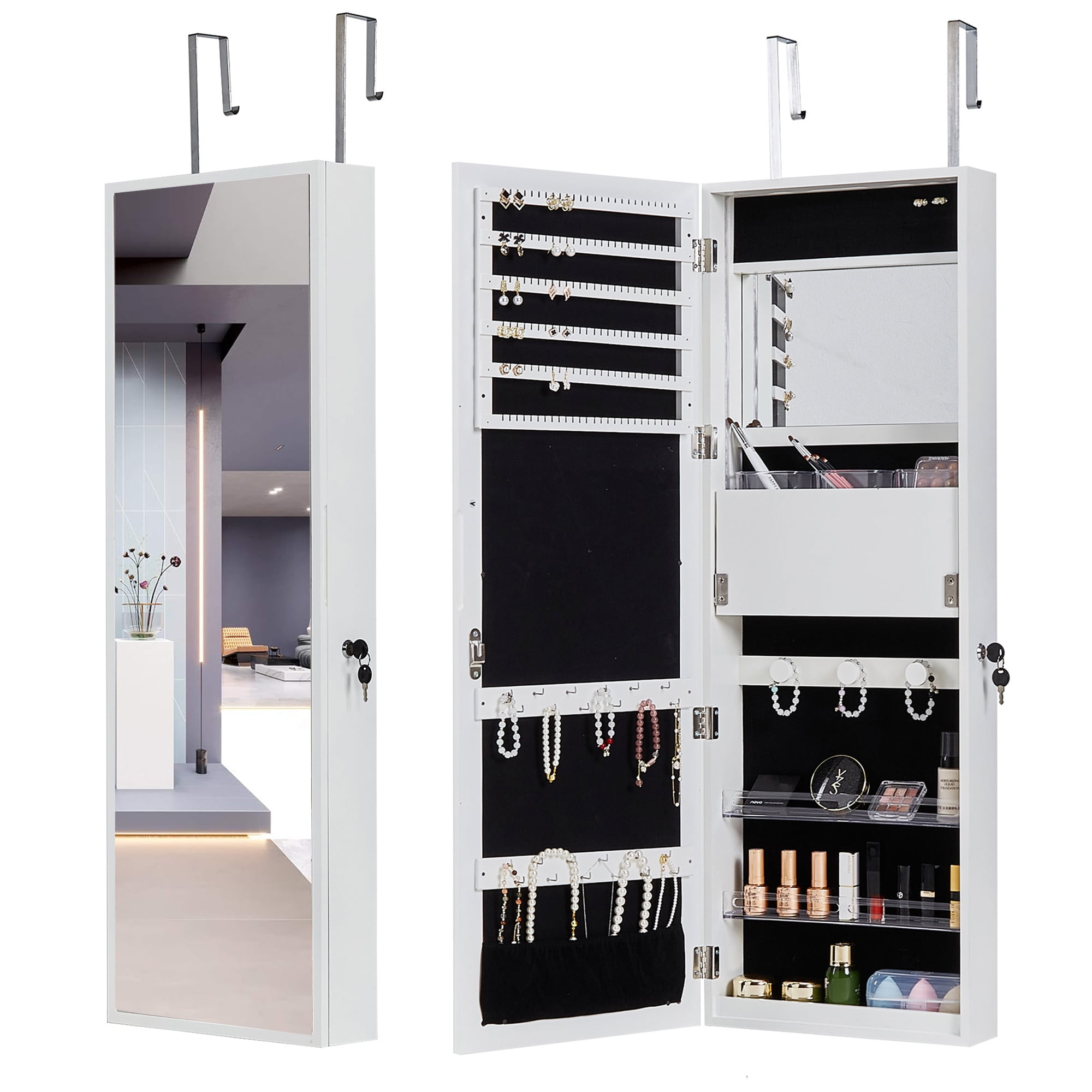 VECELO Hanging Mirrored Jewelry Wall/Door Mounted, Lockable
