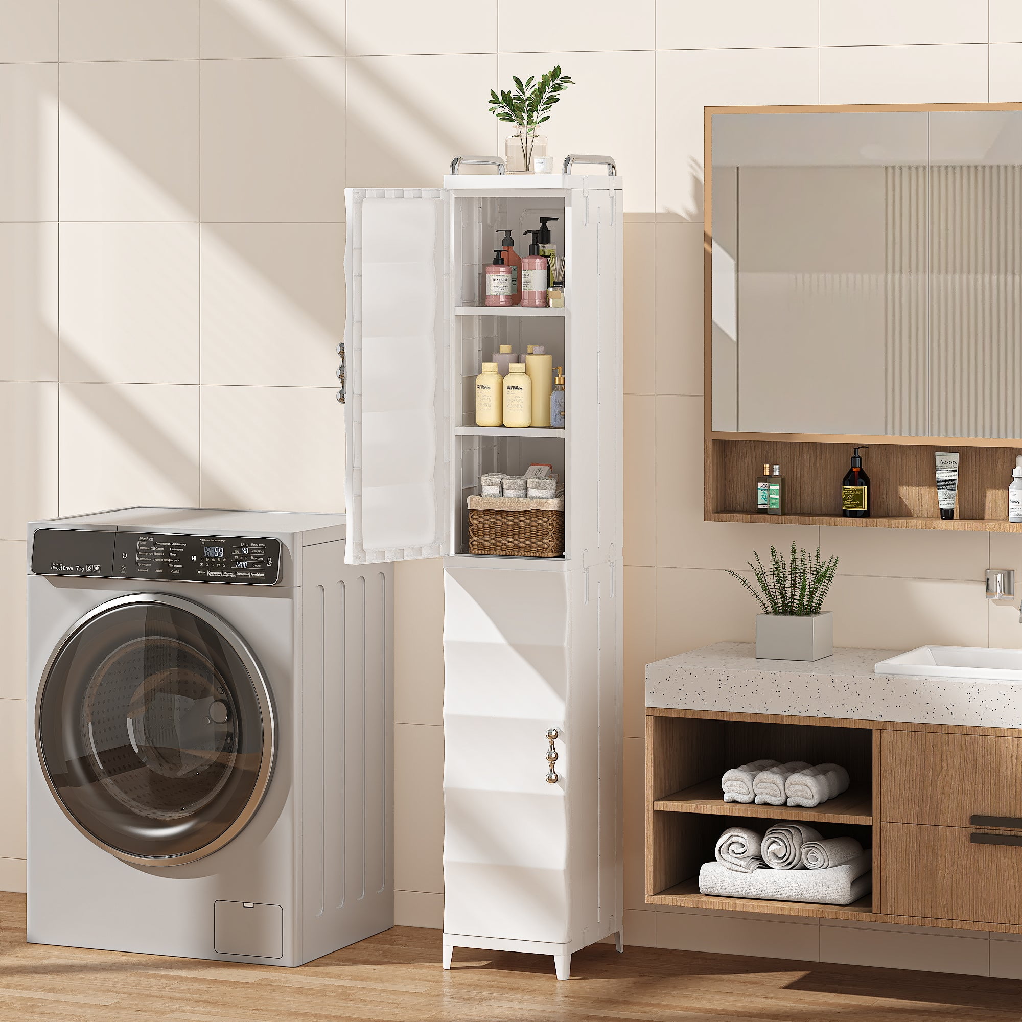 VECELO High Narrow Bathroom Storage Cabinet with Adjustable Shelves, 54.6” H Slim Freestanding Foldable Cabinet with Door, for Small Spaces, Kitchen, White