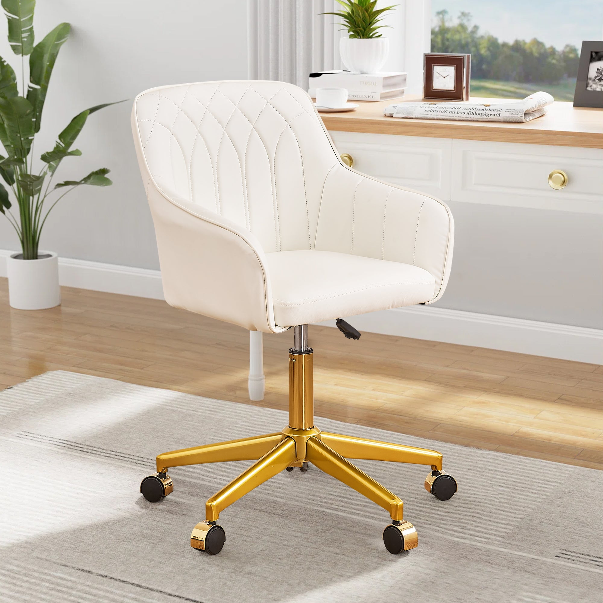 VECELO Home Office Chair, Modern Upholstered Swivel Desk Chair with Gold Base, Adjustable Height Vanity Chair for Study, Living Room, Bedroom, White