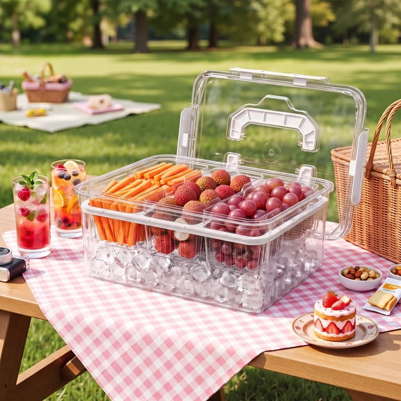 VECELO Ice-Chilled Cold Food Serving Tray, Portable Platter with 3 Removable Draining Compartments for Party, Picnic, Buffet, White