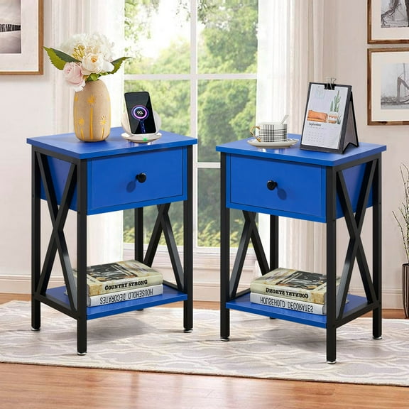 VECELO Industrial Nightstand, Set of 2, Dark Blue