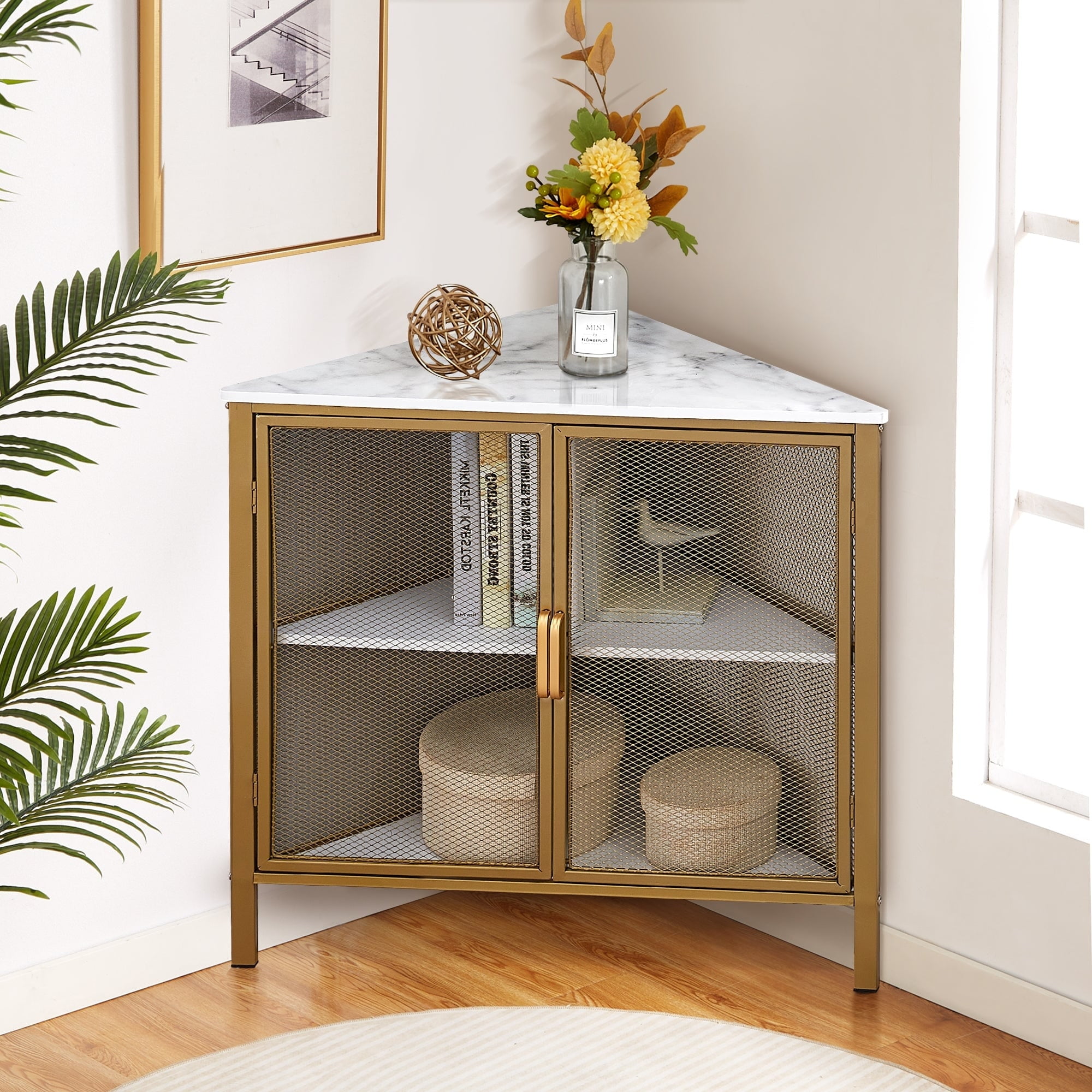 Gold Metal and Wood Triangular Corner Table with Storage