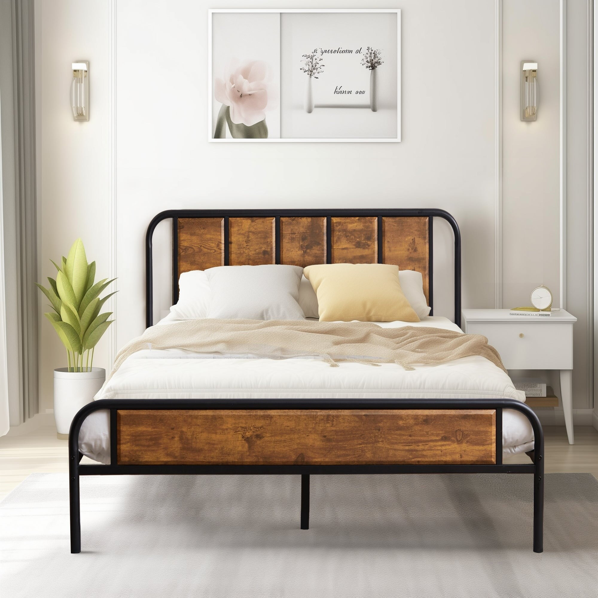 VECELO Javlergo Industrial Metal Platform Bed Frame, Rustic Brown Full ...