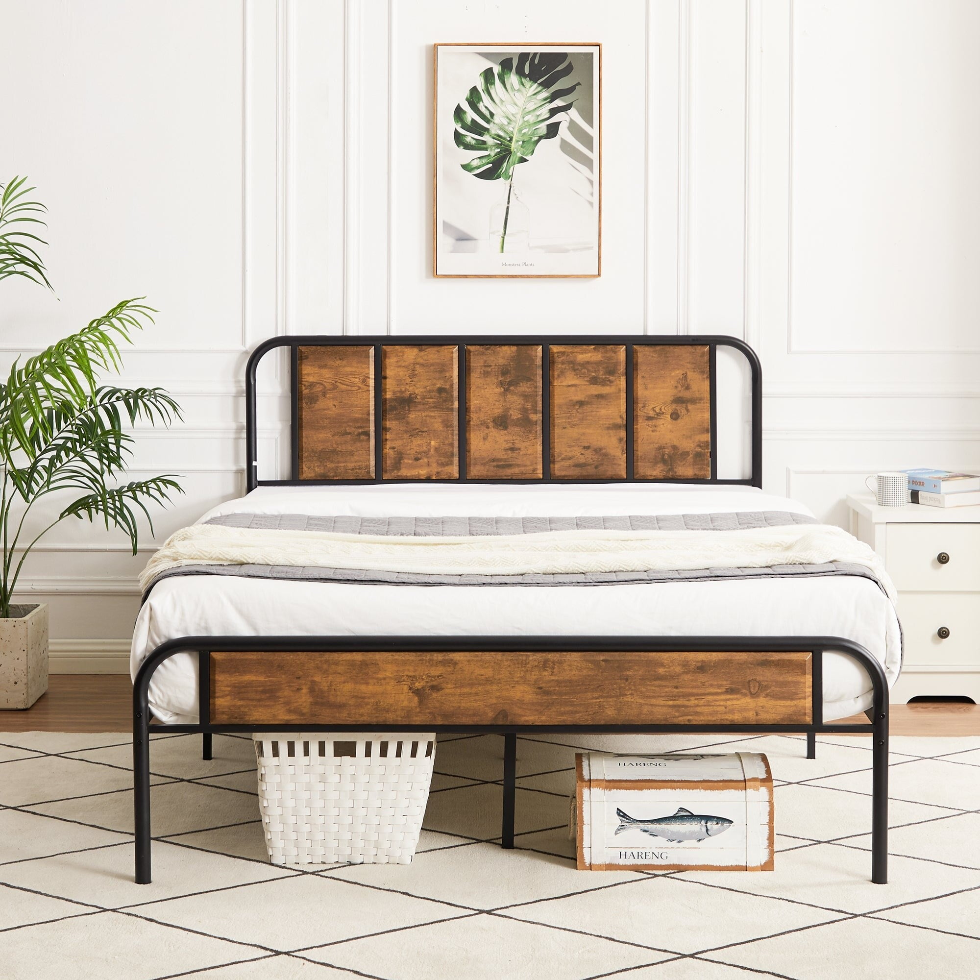 VECELO Javlergo Industrial Metal Platform Bed Frame, Rustic Brown Queen ...