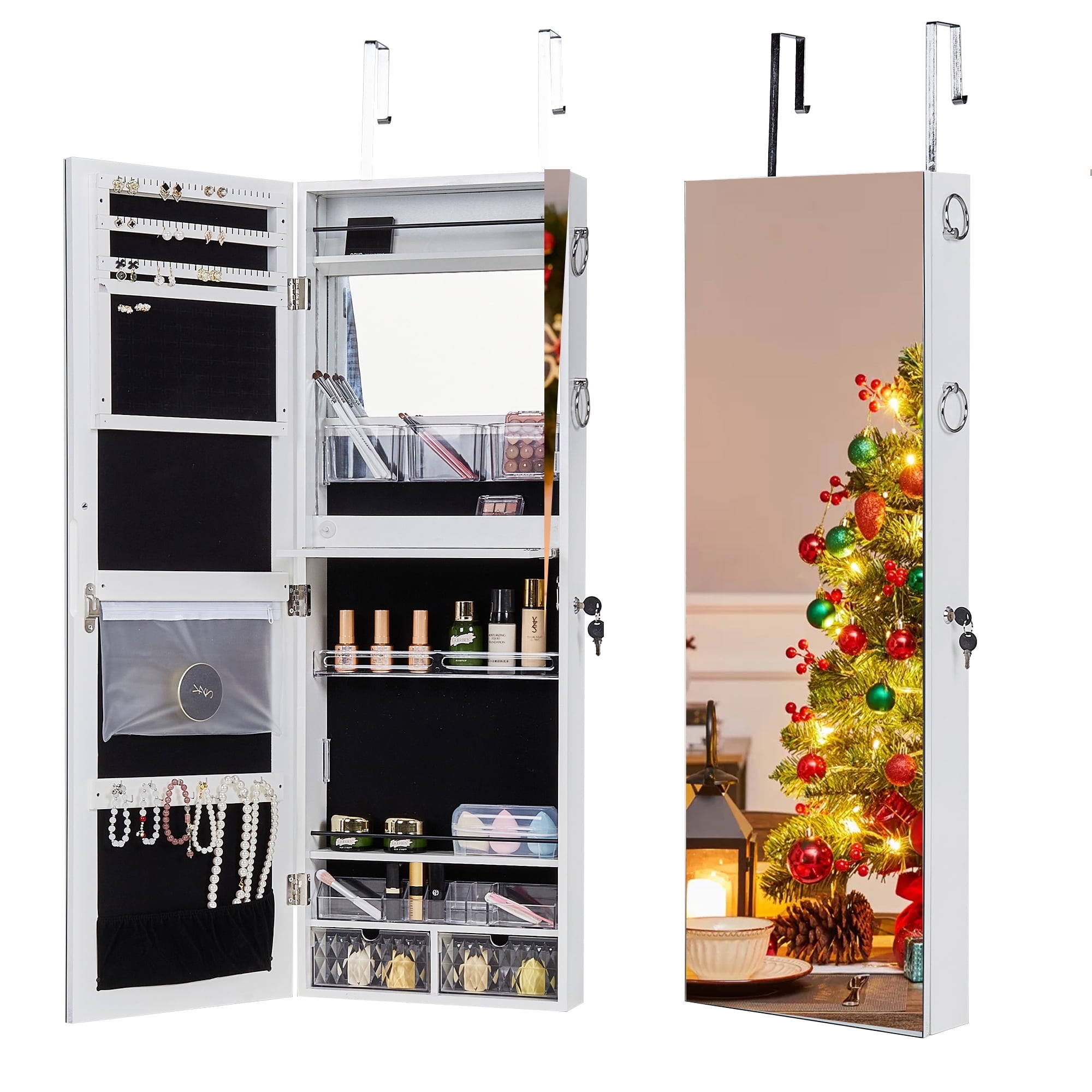 VECELO Jewelry Cabinet with Mirrored, Lockable Wall-Mount/Door-Hanging Armoire with Light Strip ...