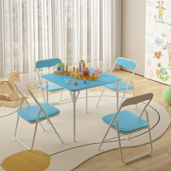 VECELO Kids 5-Piece Folding Table and Chair Set, Children's Activity Table and Chairs Set, Suitable for Eating,Reading and Playing, Blue