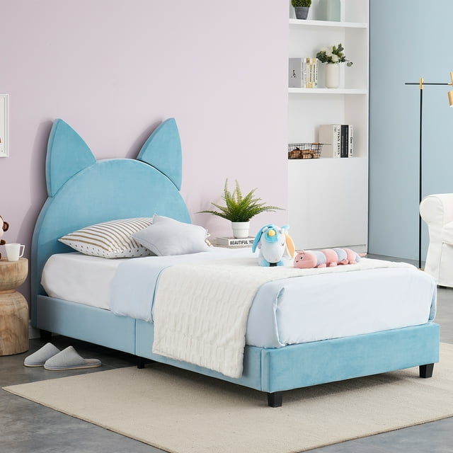 VECELO Kids Children Upholstered Bed Frame, Cat Shape, Twin Size, Blue