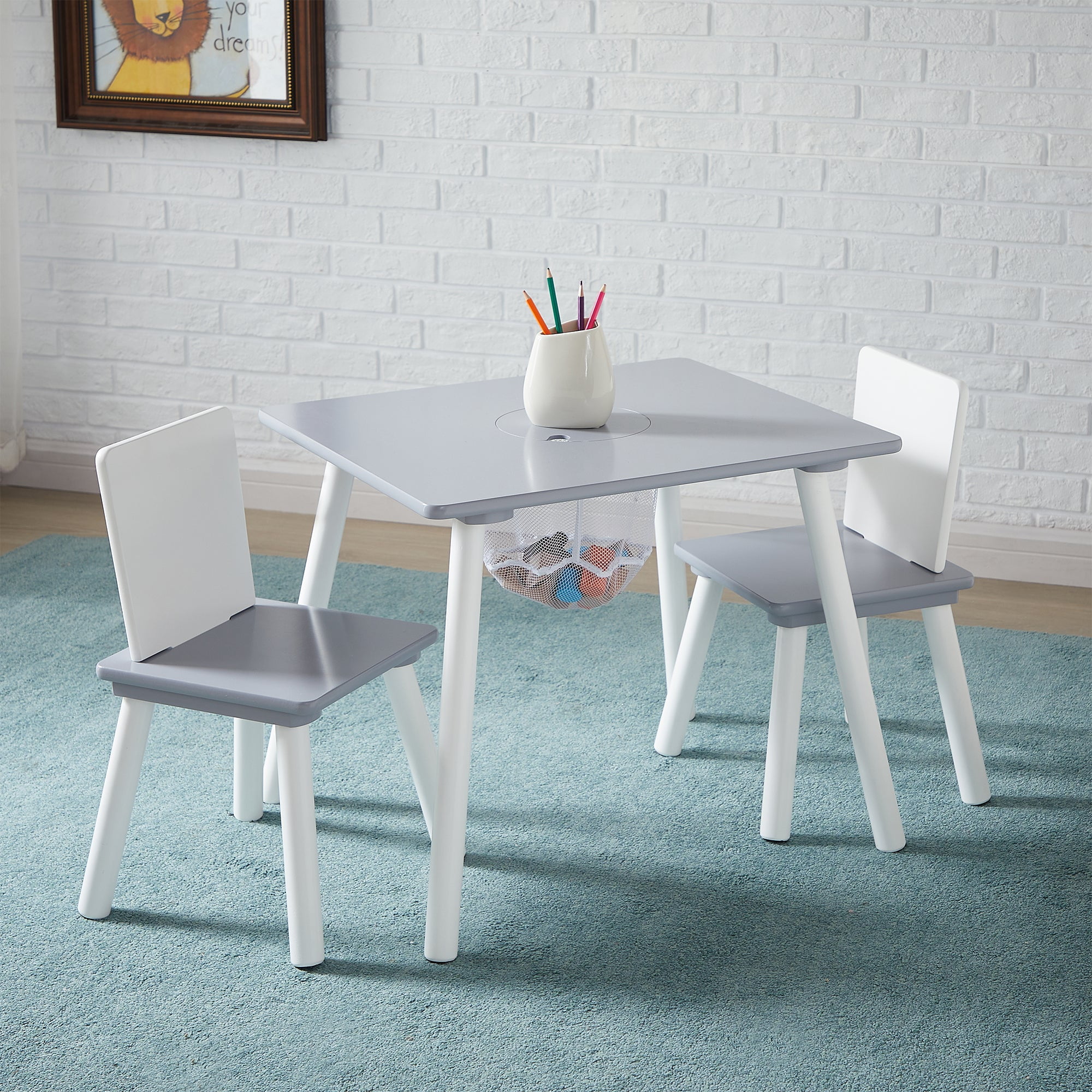 VECELO Kids Table and Chair Set with Storage, Toddler Study Table and Chair for Age 2-8, Small Childrens Activity Table with 2 Seats for Daycare, Classroom, Home, White + Grey