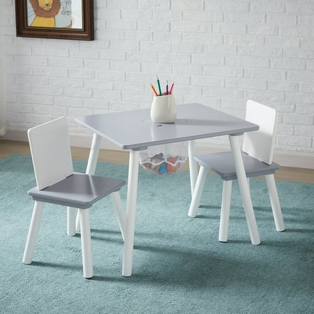 VECELO Kids Table and Chair Set with Storage, Toddler Study Table and Chair for Age 2-8, Small Childrens Activity Table with 2 Seats for Daycare, Classroom, Home, White + Grey