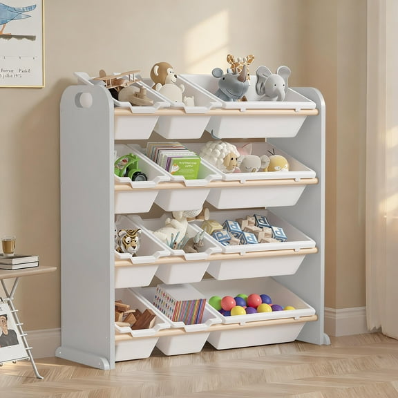 VECELO Kids Toy Storage Organizer with 12 Plastic Storage Bins, Large Capacity Wooden Toy Shelf for Toys, Books and Toddlers Playroom, Grey