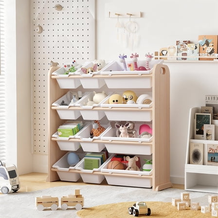 VECELO Kids Toy Storage Organizer with 12 Plastic Storage Bins, Large Capacity Wooden Toy Shelf for Toys, Books and Toddlers Playroom, Oak Color
